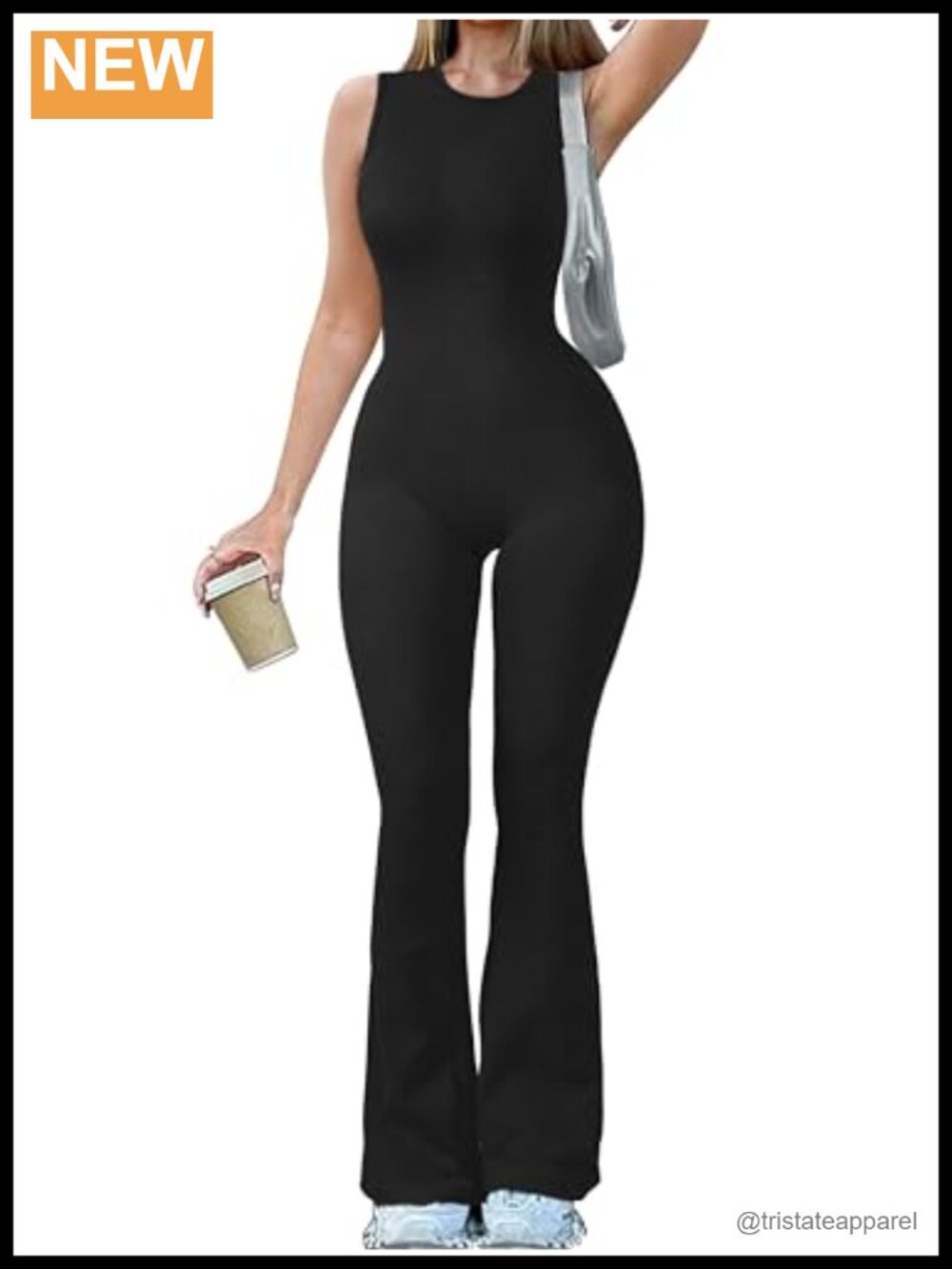 Sleeveless Flare Jumpsuit Ribbed Nylon Spandex Yoga Crew Neck